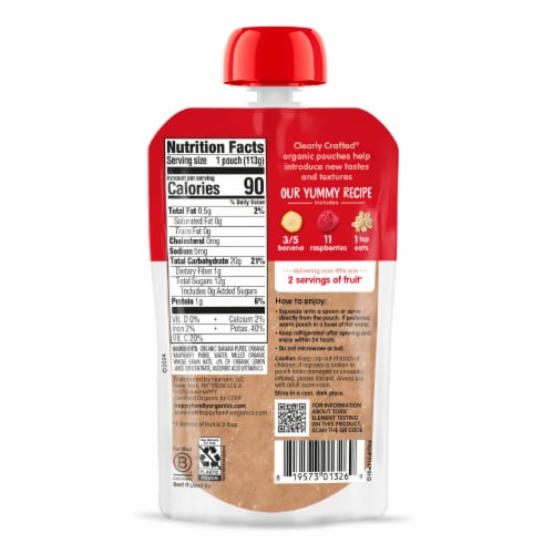 Happy Baby Organics Stage 2 Bananas Raspberries & Oats Organic Baby Food Pouch - Bananas Raspberries & Oats