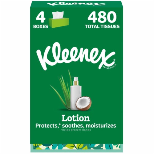 Kleenex® Lotion Facial Tissues with Coconut Oil, 4 Flat Boxes, 120 Tissues Per Box, 3-Ply - Kleenex® Lotion Facial Tissues with Coconut Oil, 4 Flat Boxes, 120 Tissues Per Box, 3-Ply