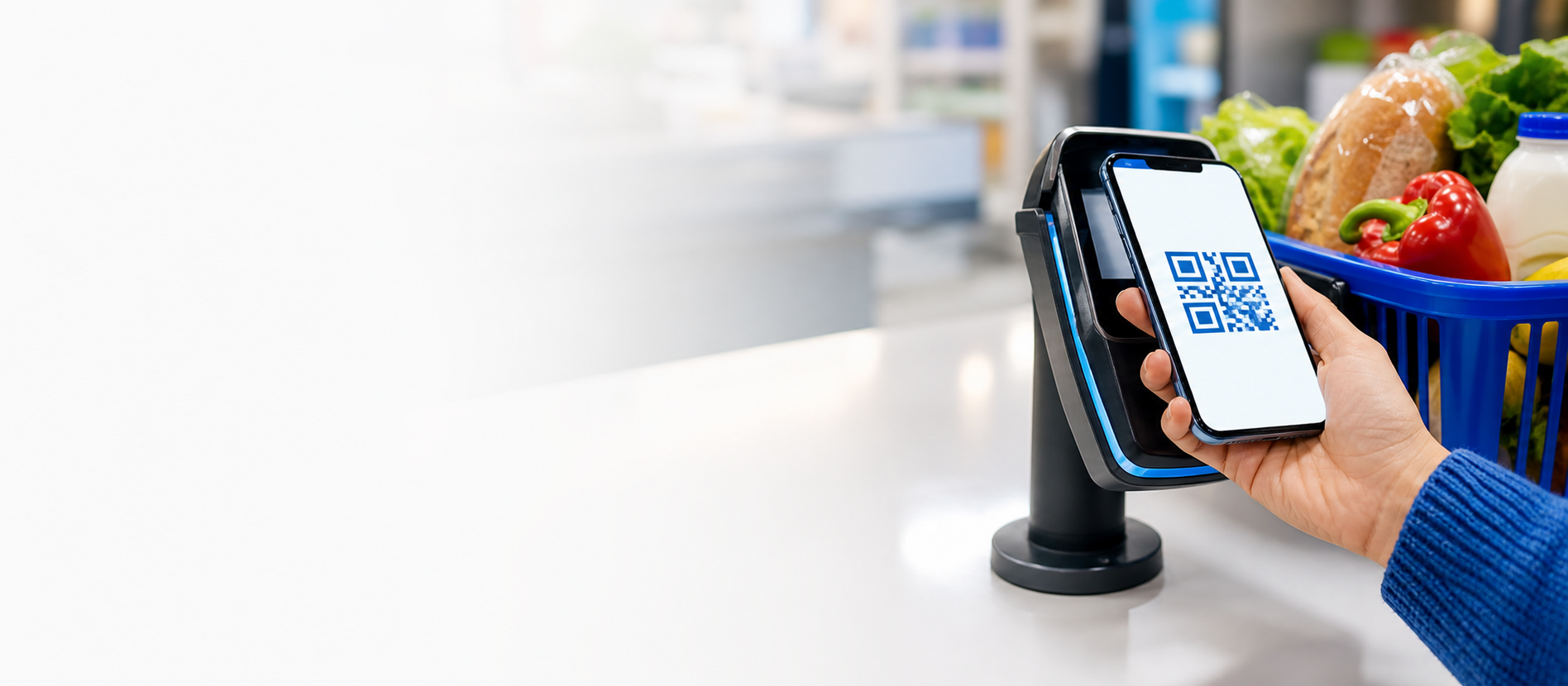 AI-generated mobile payment banner with phone QR scan at grocery checkout